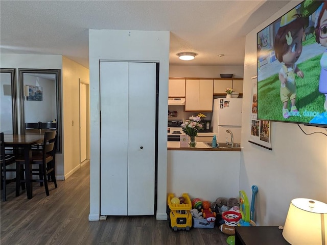 21 Apache Dr Unit D, Westerly, RI 02891 - kitchen featuring under cabinet range hood, white appliances, dark wood-style flooring, a sink, and dark countertops