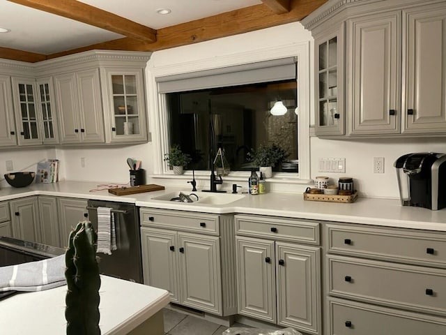 387 Camp Westwood Rd, Coventry, RI 02827 - kitchen with a sink, light countertops, gray cabinetry, black dishwasher, and beam ceiling