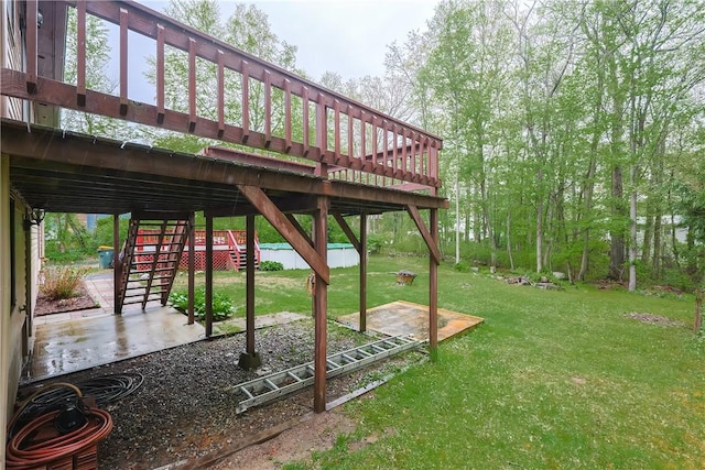 274 Courthouse Ln, Burrillville, RI 02859 - view of green lawn featuring stairway, a patio, and a wooden deck