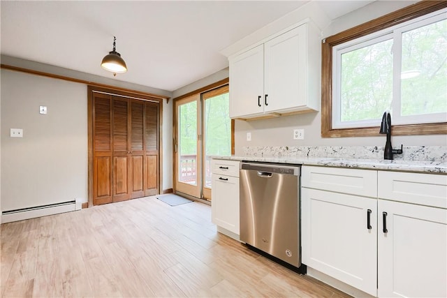 274 Courthouse Ln, Burrillville, RI 02859 - kitchen with dishwasher, baseboard heating, a sink, light stone countertops, and light wood-style floors