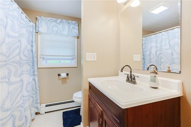 274 Courthouse Ln, Burrillville, RI 02859 - bathroom featuring a baseboard radiator, toilet, vanity, tile patterned floors, and a shower with curtain