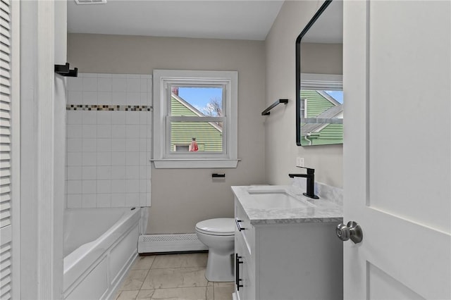 9 Lookout Ave, North Providence, RI 02911 - full bathroom with baseboard heating, marble look tile flooring, vanity, toilet, and  shower combination