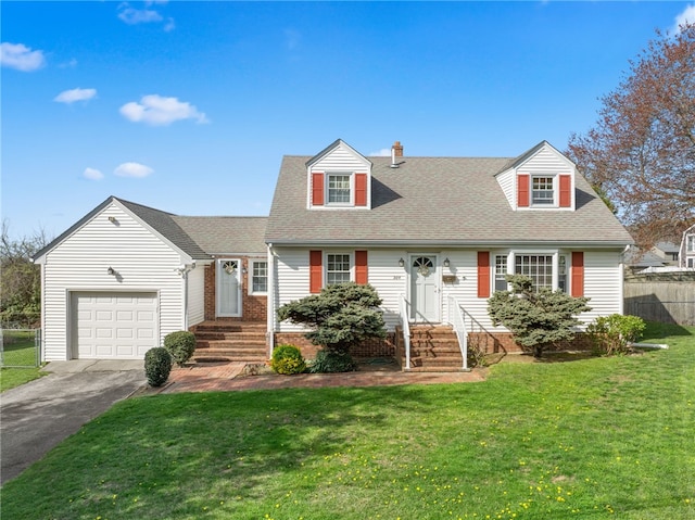 204 Robert Gray Ave, Tiverton, RI 02878 - cape cod house featuring a garage, asphalt driveway, a chimney, and a shingled roof