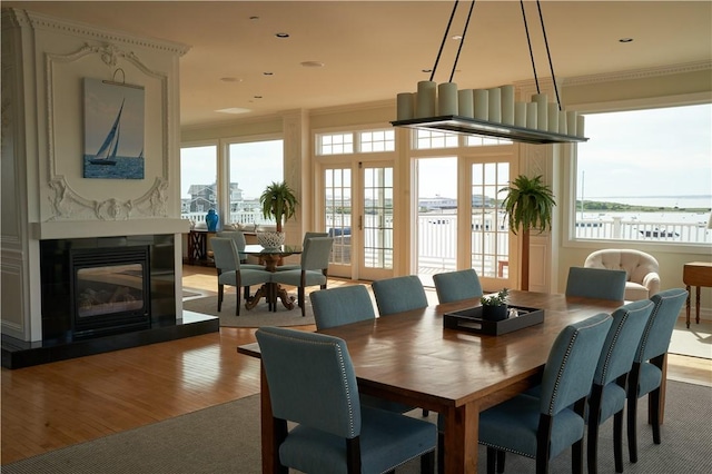 38 Bay St Unit W201/202, Westerly, RI 02891 - dining room featuring crown molding, wood finished floors, healthy amount of natural light, a premium fireplace, and a water view