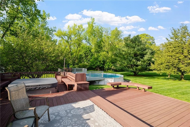 22 Linda Ln, South Windsor, CT 06074 - deck with a hot tub, an outdoor pool, a lawn, and view of wooded area