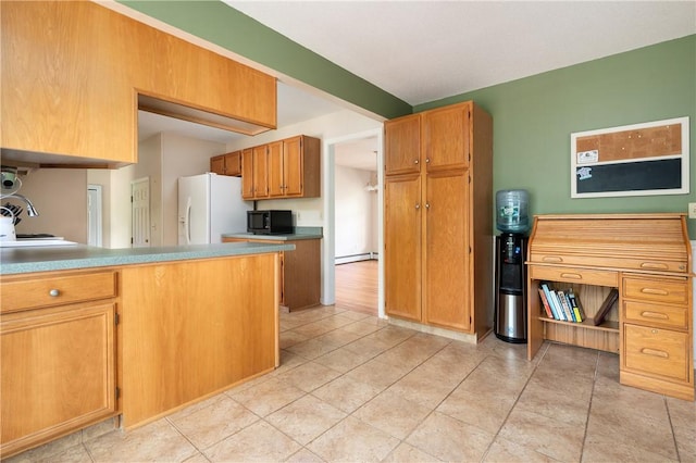 22 Linda Ln, South Windsor, CT 06074 - kitchen featuring white refrigerator with ice dispenser, black microwave, a baseboard heating unit, and brown cabinets