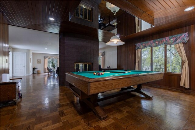 136 White Birch Cir, Scituate, RI 02831 - game room with billiards table, recessed lighting, wooden ceiling, a brick fireplace, and baseboards