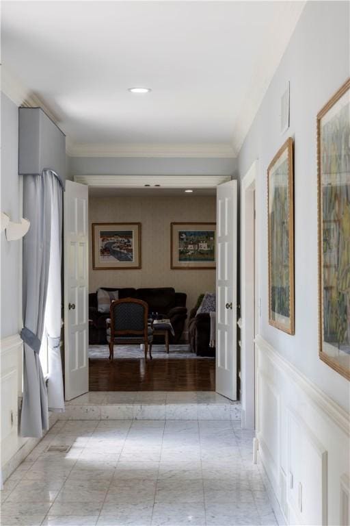 136 White Birch Cir, Scituate, RI 02831 - hallway with crown molding and a decorative wall