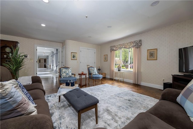 136 White Birch Cir, Scituate, RI 02831 - living area with baseboards, wood finished floors, wallpapered walls, recessed lighting, and stairway