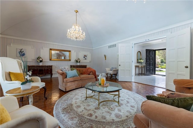 136 White Birch Cir, Scituate, RI 02831 - living room featuring lofted ceiling, a chandelier, and ornamental molding