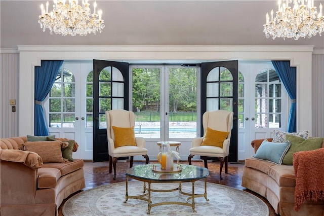 136 White Birch Cir, Scituate, RI 02831 - living area with french doors and a chandelier