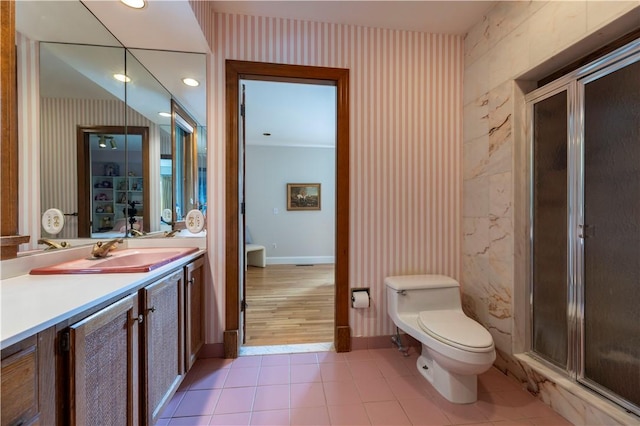 136 White Birch Cir, Scituate, RI 02831 - full bath featuring wallpapered walls, toilet, a stall shower, vanity, and tile patterned floors