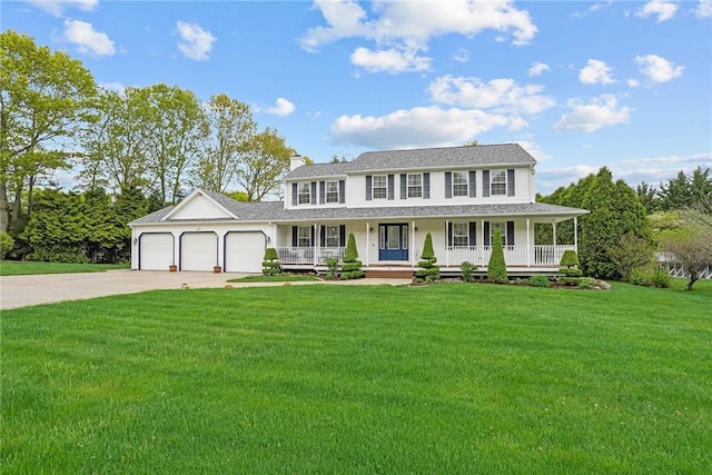 14 Ginger Trl, Coventry, RI 02816 - view of front of home with covered porch, an attached garage, driveway, a front yard, and a chimney