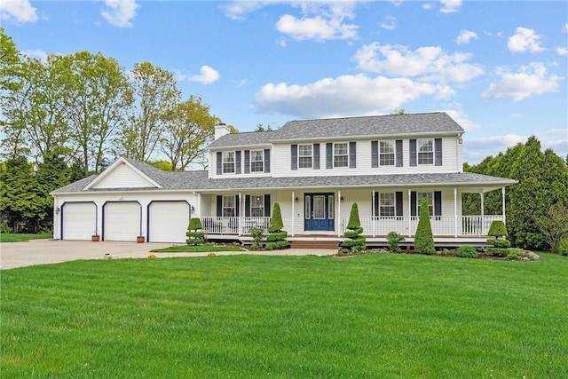 14 Ginger Trl, Coventry, RI 02816 - view of front of property with covered porch, an attached garage, driveway, a chimney, and a front lawn