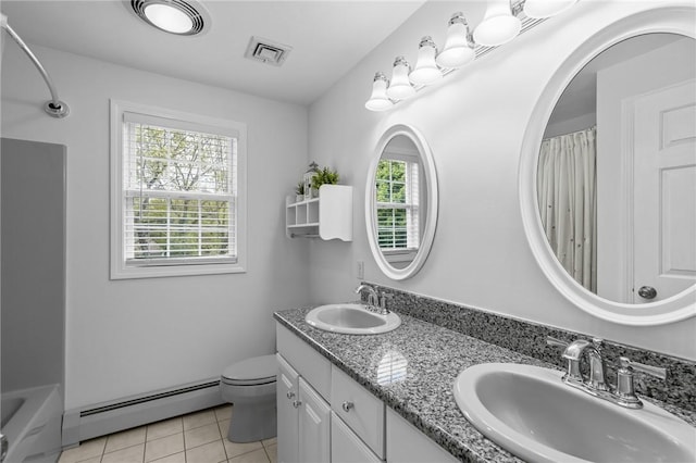 14 Ginger Trl, Coventry, RI 02816 - bathroom featuring a baseboard radiator, tile patterned flooring, toilet, a shower with curtain, and double vanity