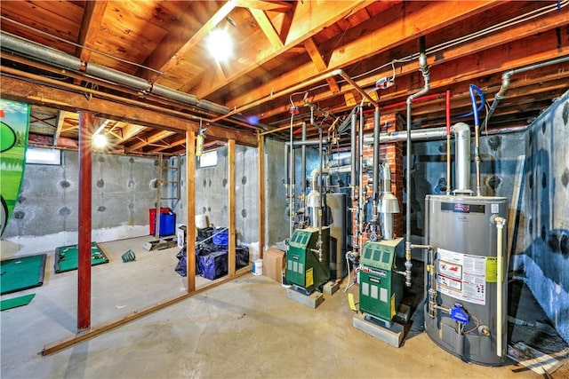 unfinished basement featuring gas water heater, water heater, and a heating unit