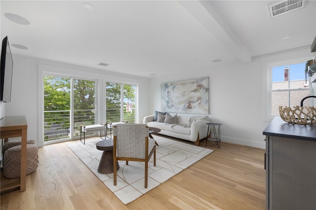 104 Second St, Newport, RI 02840 - living room with light wood-style floors, beamed ceiling, and baseboards
