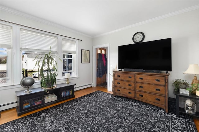 178 Gould Ave, Warwick, RI 02888 - living area featuring wood finished floors, ornamental molding, and a baseboard heating unit