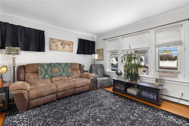 178 Gould Ave, Warwick, RI 02888 - living area featuring wood finished floors, crown molding, and a baseboard heating unit