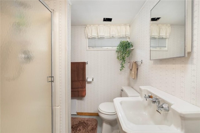 178 Gould Ave, Warwick, RI 02888 - full bathroom with a shower stall, toilet, wallpapered walls, and a sink