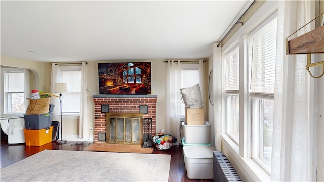 living room featuring wood finished floors, radiator, and a fireplace