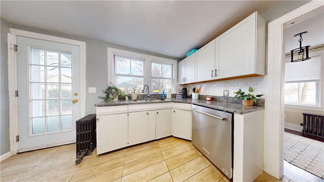 kitchen featuring stainless steel dishwasher, a sink, backsplash, and healthy amount of natural light