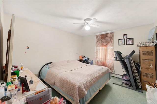 carpeted bedroom featuring a baseboard radiator and a ceiling fan