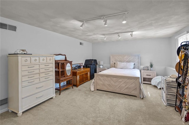 bedroom featuring light colored carpet and rail lighting