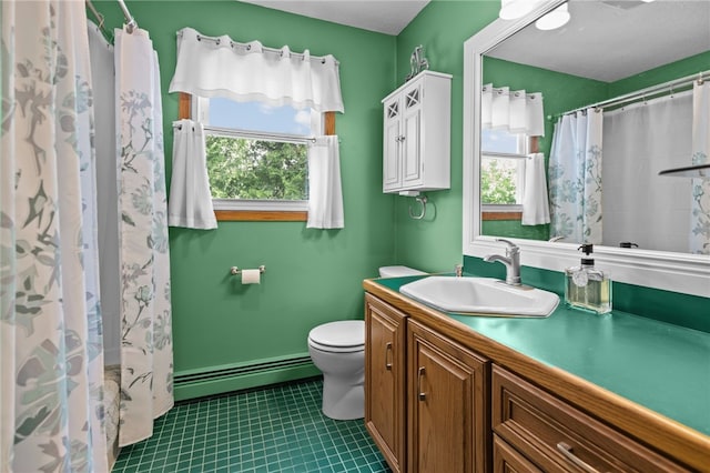 13 Parker Ave, Warren, RI 02885 - bathroom featuring a baseboard heating unit, tile patterned floors, toilet, vanity, and a shower with curtain