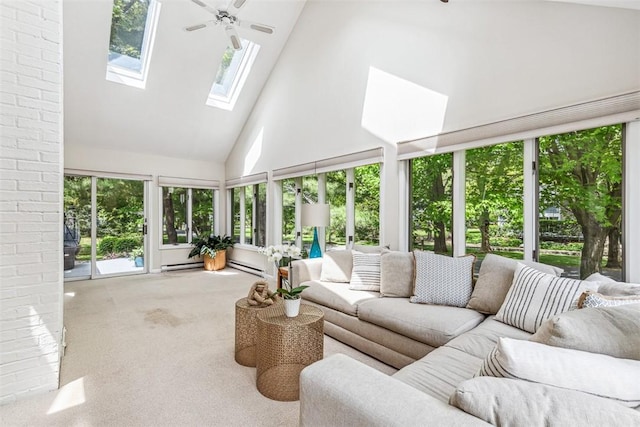 26 Bagy Wrinkle Cv, Warren, RI 02885 - sunroom / solarium with high vaulted ceiling, carpet, a skylight, and a baseboard heating unit