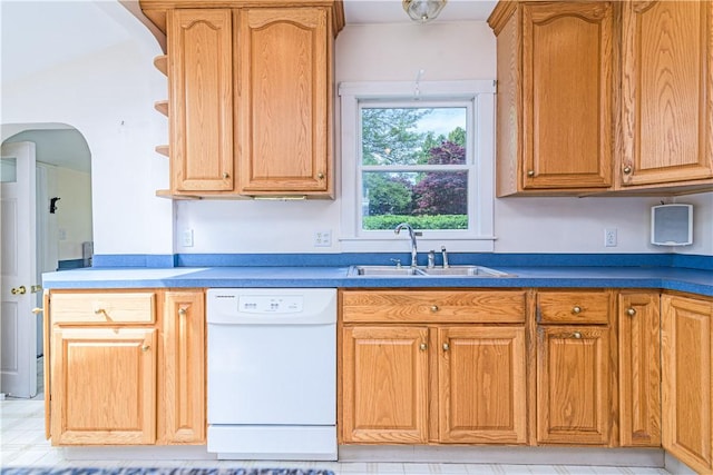 43 Standish Rd, Jamestown, RI 02835 - kitchen featuring dishwasher, a sink, open shelves, and arched walkways