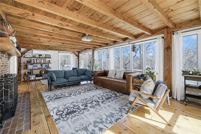 40 Charlotte Ave, North Kingstown, RI 02874 - living area with hardwood / wood-style flooring, beam ceiling, and wooden ceiling