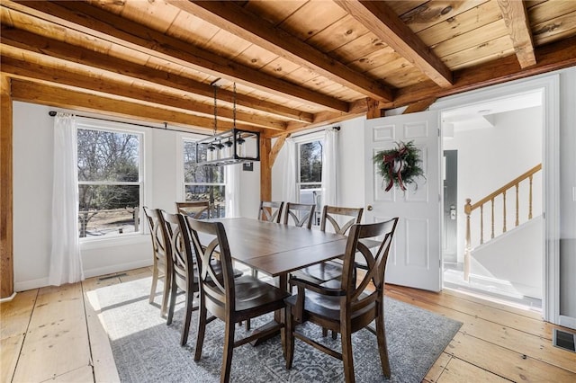40 Charlotte Ave, North Kingstown, RI 02874 - dining area with wooden ceiling, stairway, beamed ceiling, light wood finished floors, and baseboards