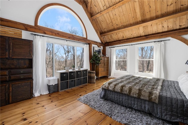 40 Charlotte Ave, North Kingstown, RI 02874 - bedroom with beam ceiling, wood-type flooring, high vaulted ceiling, and wooden ceiling