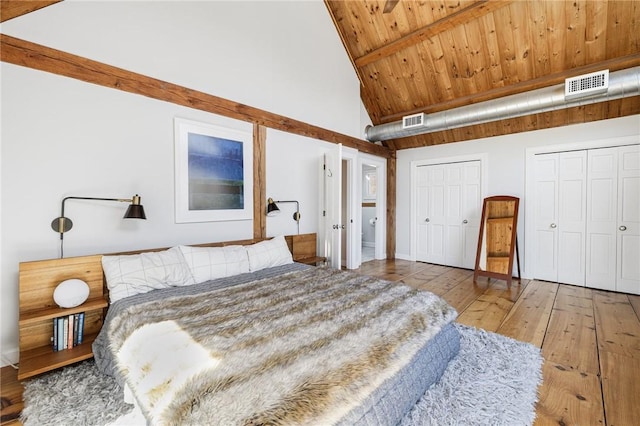 40 Charlotte Ave, North Kingstown, RI 02874 - bedroom with multiple closets, high vaulted ceiling, hardwood / wood-style flooring, beamed ceiling, and wood ceiling