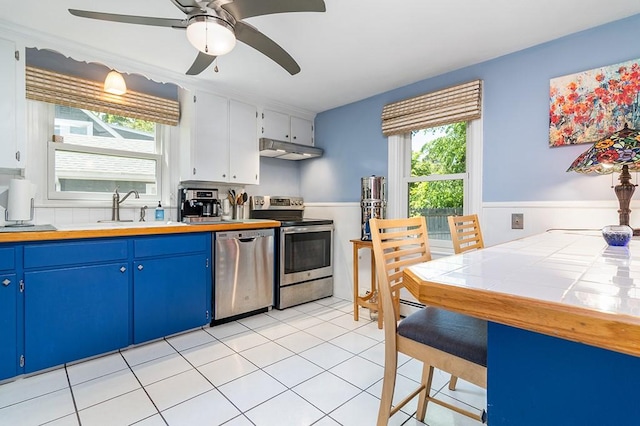 kitchen with appliances with stainless steel finishes, blue cabinets, under cabinet range hood, a sink, and a ceiling fan