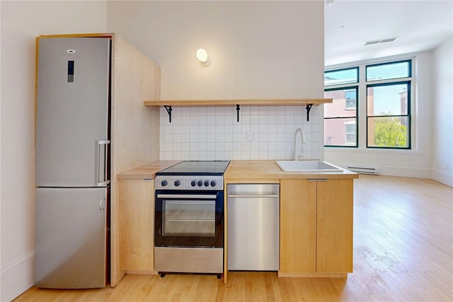 kitchen featuring stainless steel appliances, a sink, light wood finished floors, backsplash, and open shelves