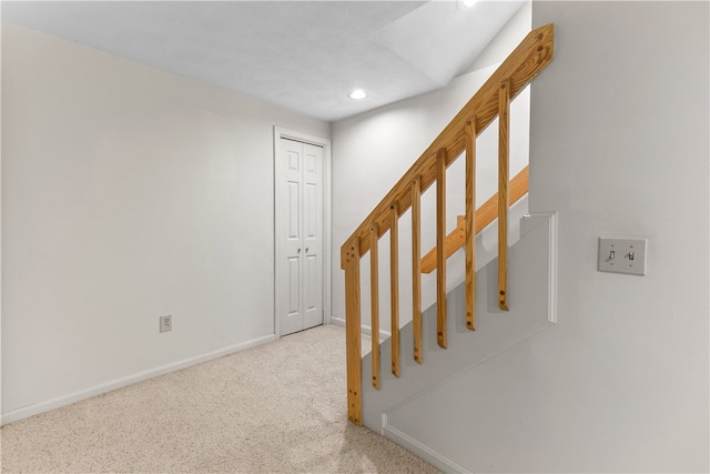 staircase with recessed lighting, carpet floors, and baseboards