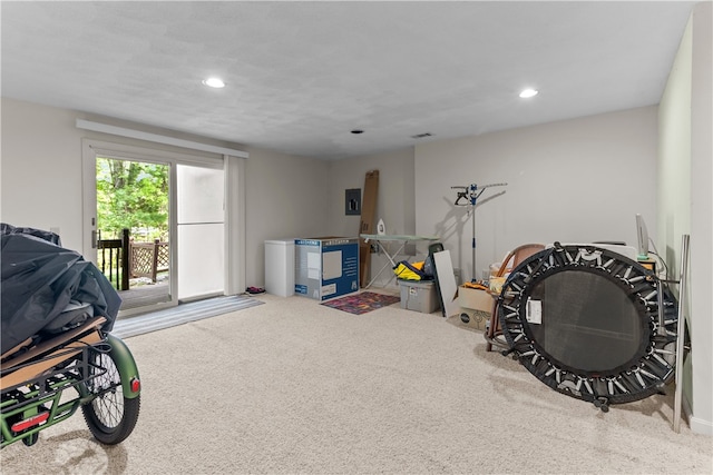 rec room featuring recessed lighting, carpet, and electric panel