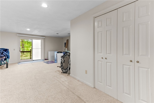 game room featuring recessed lighting, carpet flooring, and baseboards