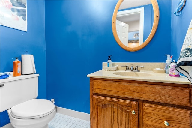 half bathroom featuring tile patterned flooring, toilet, and vanity