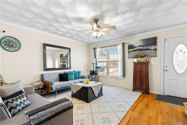 151 Bend St S Unit 2, Pawtucket, RI 02860 - living room with a ceiling fan, light wood finished floors, crown molding, and baseboards