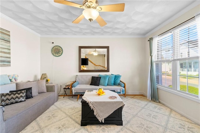 151 Bend St S Unit 2, Pawtucket, RI 02860 - living room with baseboards, ceiling fan, and ornamental molding