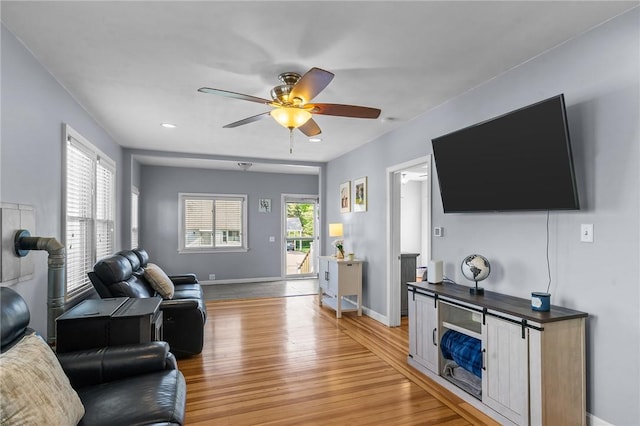 95 Vincent Ave, North Providence, RI 02904 - living room featuring light wood finished floors, a ceiling fan, baseboards, and recessed lighting