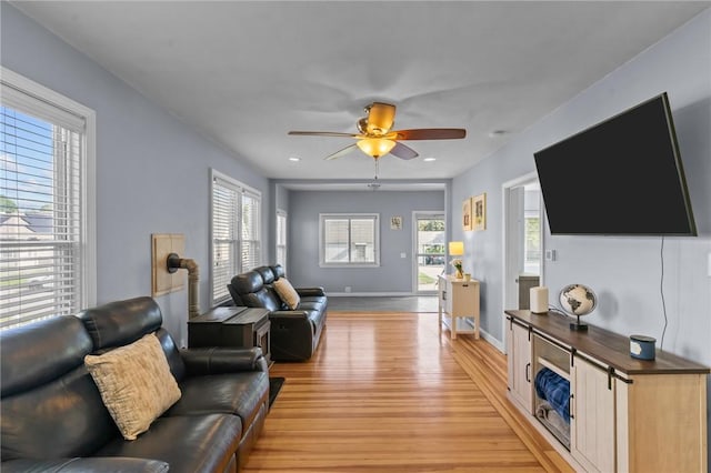 95 Vincent Ave, North Providence, RI 02904 - living area with light wood-style floors, a ceiling fan, recessed lighting, and baseboards