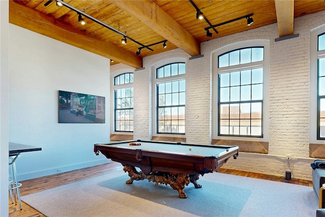game room with rail lighting, wooden ceiling, billiards, baseboards, and hardwood / wood-style floors