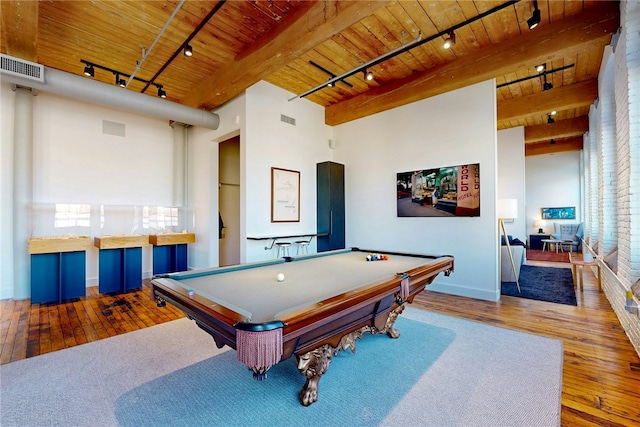 rec room with track lighting, wood ceiling, hardwood / wood-style floors, beam ceiling, and billiards table