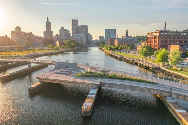 view of home's community with a water view and a skyline view