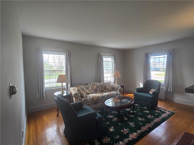living area featuring plenty of natural light, radiator heating unit, and baseboards