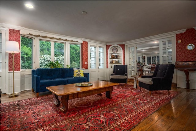 2 Cherry Ln, Bristol, RI 02809 - living room with hardwood / wood-style flooring, crown molding, and built in features